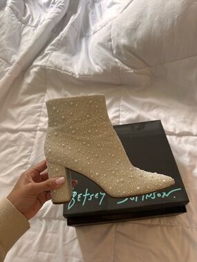 Betsey Johnson Ivory Pearl-Embellished Ankle Booties